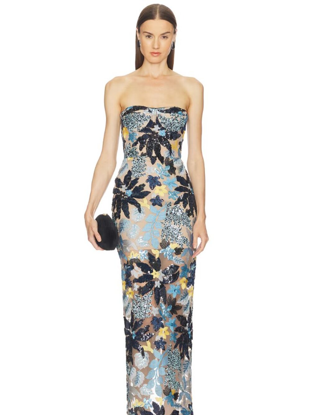 NWOT $880 Bronx and Banco Dahlia Strapless Maxi Dress Blue Yellow Multi